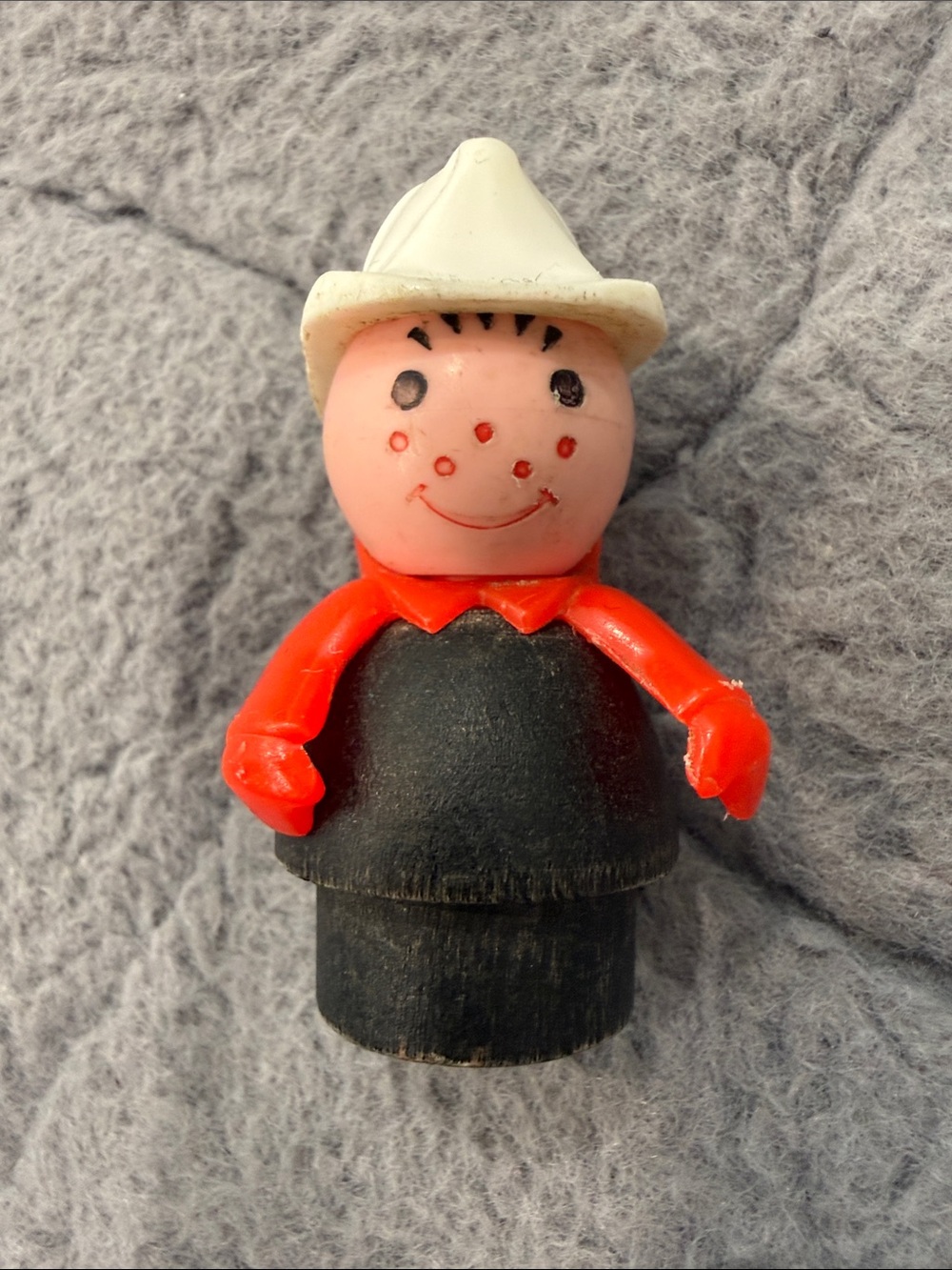 Vintage Kids Little People Fireman in White Hat, Red Arms, and Black Wooden Body